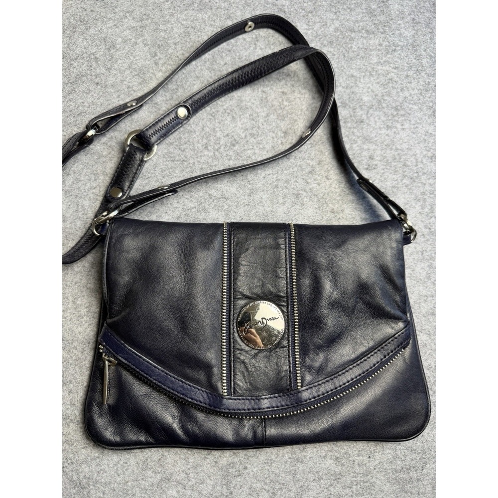Junior Drake Women's Navy Blue And Silver Soft Leather Crossbody Foldover Purse